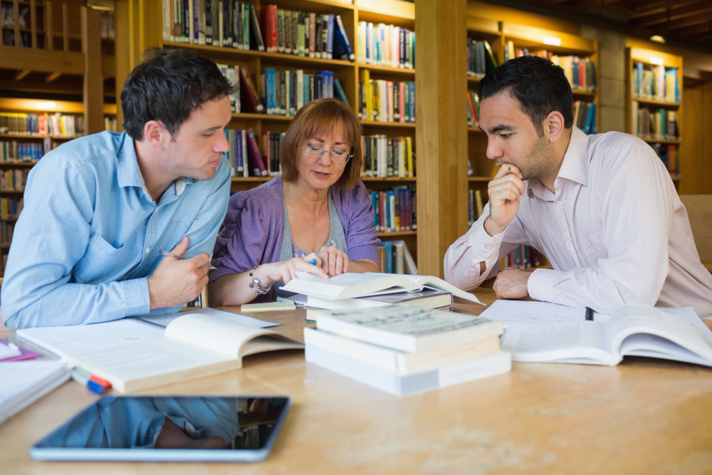 Students studying political science in the library.