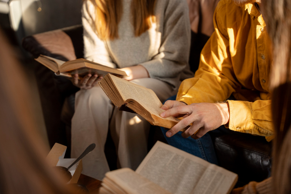 Students studying history in a cafe environment