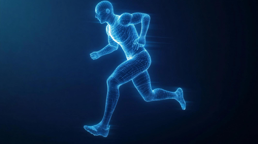 Running man made of polygonal wireframe on dark blue background