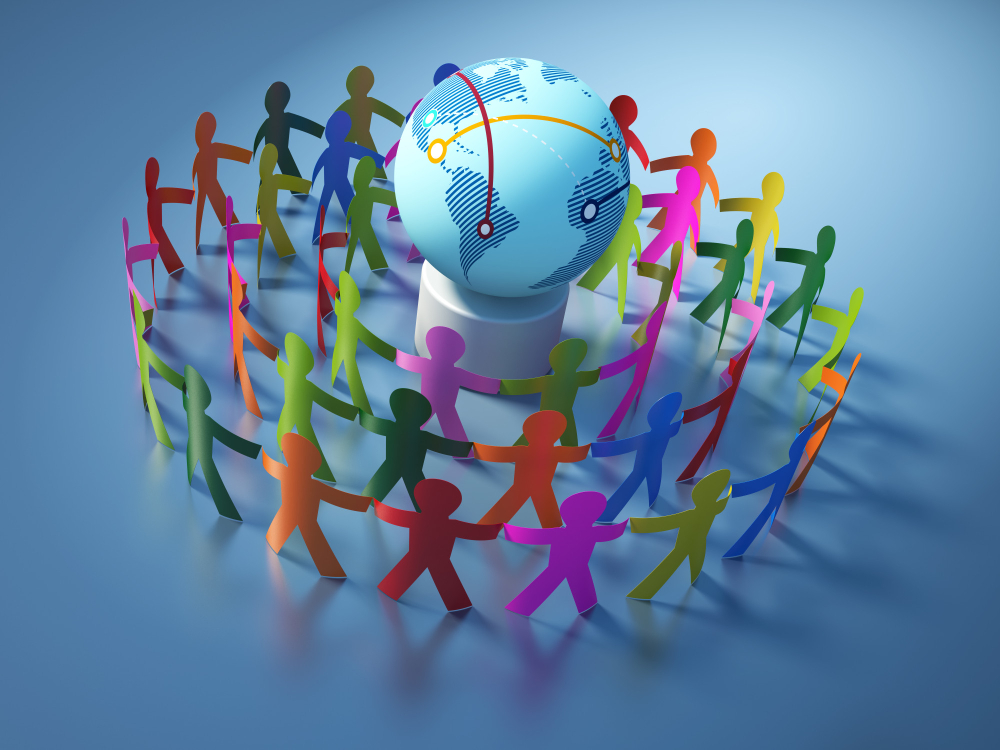 Rendering illustration of teamwork pictogram people with globe world