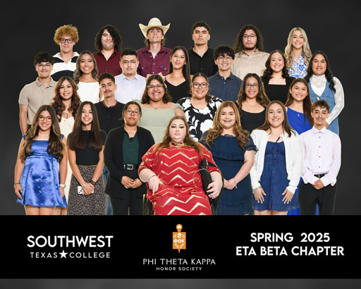 Spring 2025 Eta Beta Chapter students pose for a photo in front of a dark background.