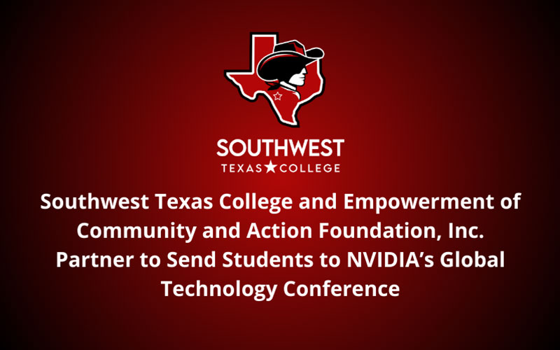 SWTX logo on a red gradient background with the title Southwest Texas College and Empowerment of Community and Action Foundation, Inc. partner to send students to NVIDIA's Global Technology Conference.