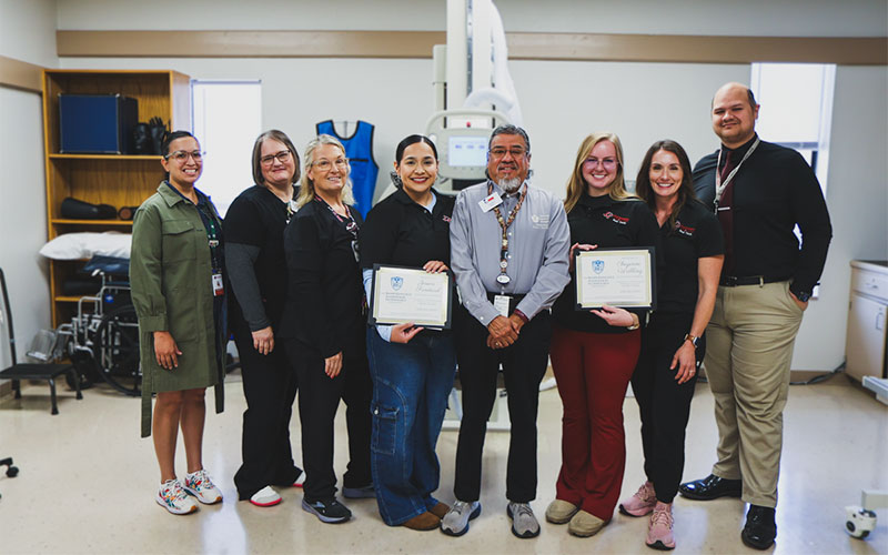 From left, Judy Gonzales, Southwest Texas College applied sciences division chair; Janna Whyrick, radiology director at Uvalde Memorial Hospital; Bonnie S. Clinebell Esquivel, SWTX coordinator of radiologic technology; Jesica Sandoval, radiologic technology student; Ralph Gonzalez, Uvalde Memorial Hospital radiation safety officer; Cheyenne Walling, radiologic technology student; Denise Vanderlick, SWTX radiologic technology clinical coordinator; and Armando Mondragon, SWTX dean of applied sciences.